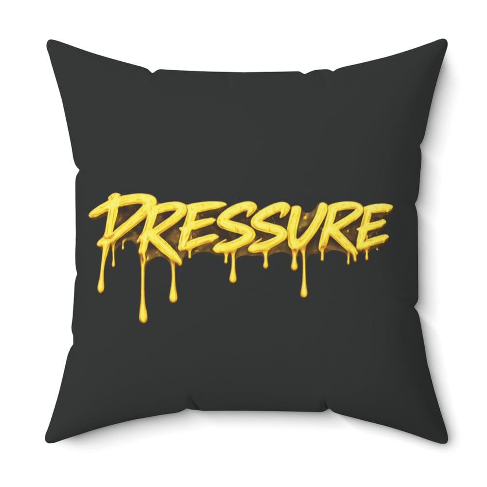 Image of Pressure Graffiti Pillow — Black Square Decorative Cushion with Dripping Yellow Text
