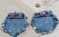 Handcrafted Fringed Denim Statement Earrings with Pink Heart Gems