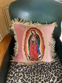 Image 7 of Pink Velvet Cushion with Virgin of Guadalupe appliqué patch