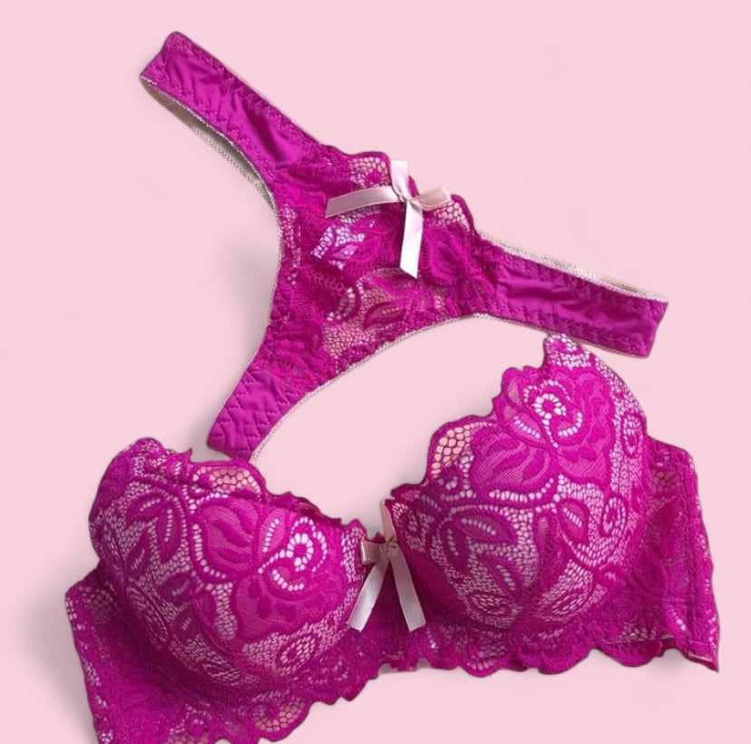 Image of Lace bra set with floral embroidery and bows