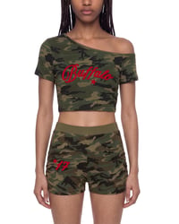 Image 1 of Women's Camo Buffalo Off Shoulder and Shorts Matching Set