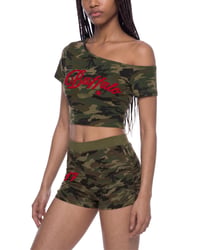 Image 3 of Women's Camo Buffalo Off Shoulder and Shorts Matching Set