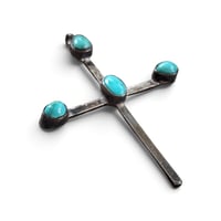 Image 2 of Vintage Large Silver Turquoise Cross Pendant, c. 50s-70s