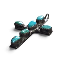 Image 3 of Vintage Small Silver Turquoise Cross Pendant, c. 50-70s