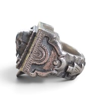 Image 2 of Vintage "Dethroned" Aztec Skull Ring #1, c. 1940s