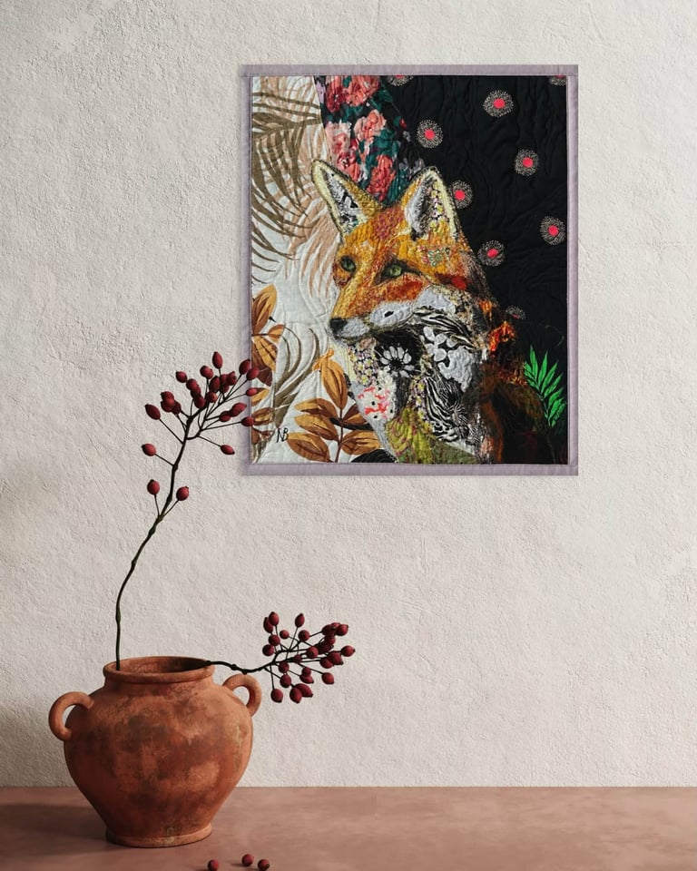 Among the Leaves and Shadows - Original Fox Art Quilt, Forest Animal Decor, 41.5x34cm Image 7