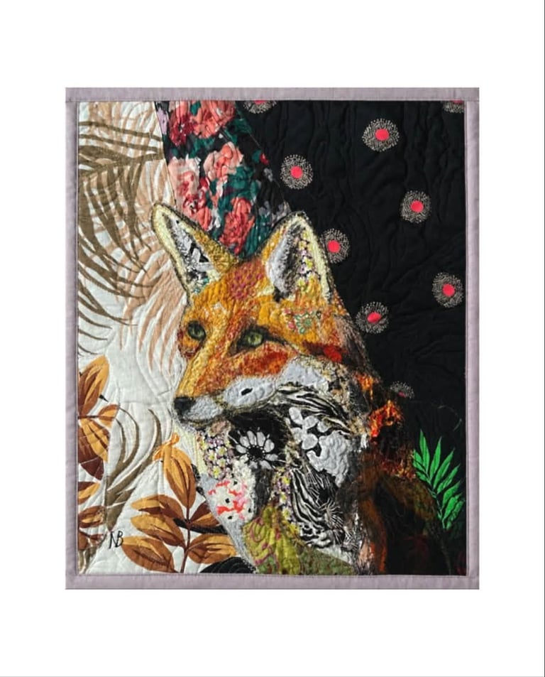 Among the Leaves and Shadows - Original Fox Art Quilt, Forest Animal Decor, 41.5x34cm