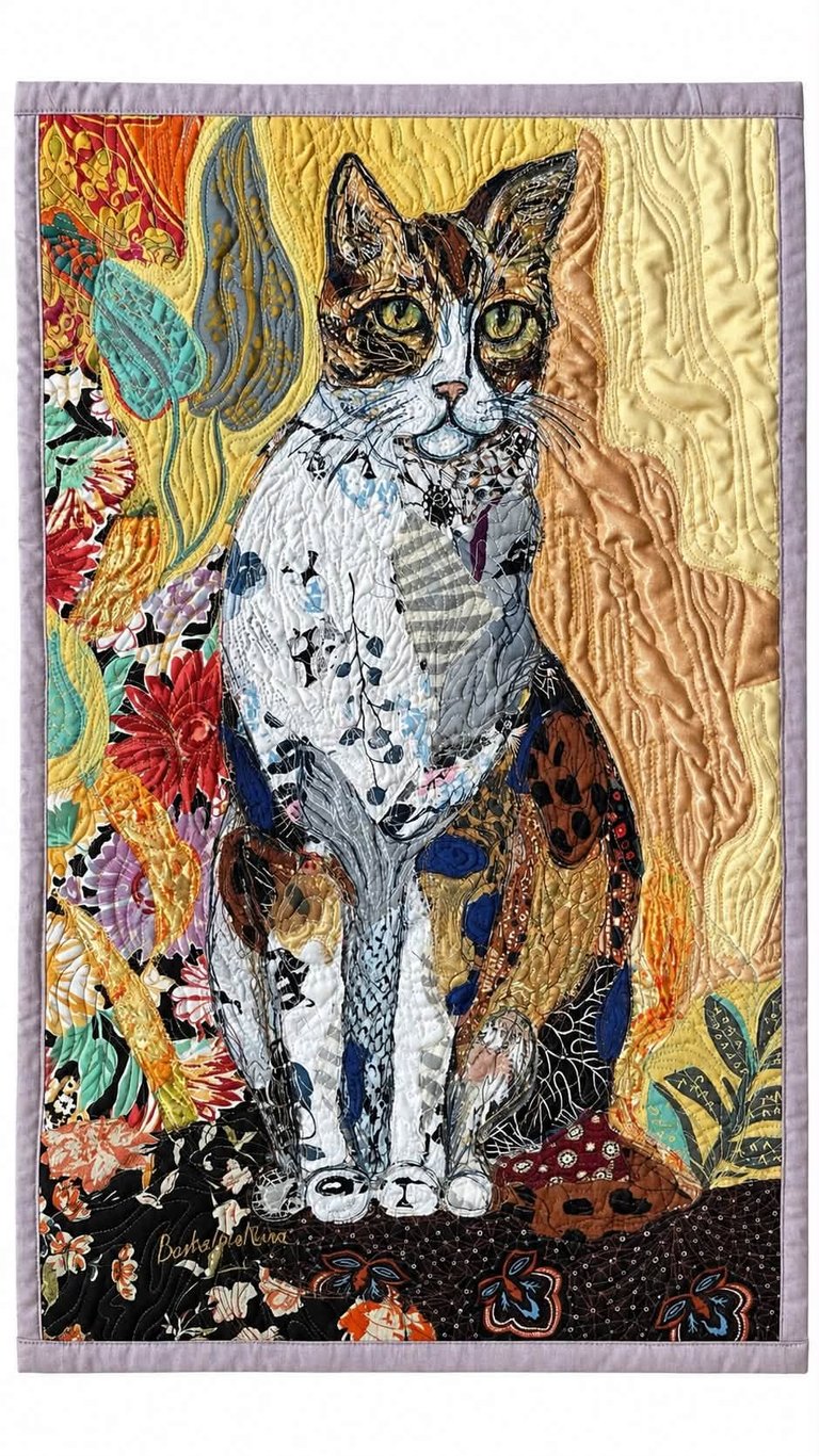 An Important Character – Original Cat Art Quilt, Colorful Pet Portrait, 58.5x37.5cm Image 2