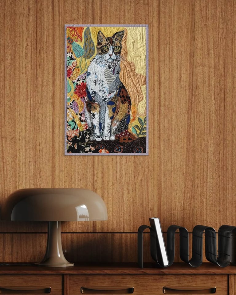 An Important Character – Original Cat Art Quilt, Colorful Pet Portrait, 58.5x37.5cm