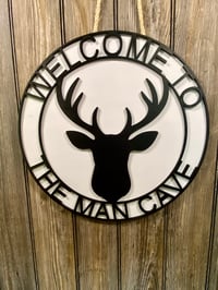 Image 1 of Welcome to the Man Cave Deer Head Sign – 14.75” Round Rustic Wall Decor –