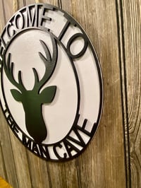Image 3 of Welcome to the Man Cave Deer Head Sign – 14.75” Round Rustic Wall Decor –