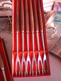 Image 4 of Midcentury Stainless Steel & Wood Fondue Forks
