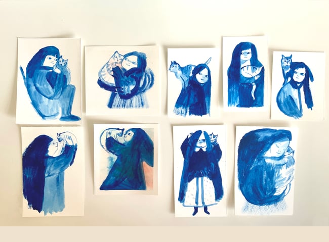 Blue cat ladies ~ original gouache sketches