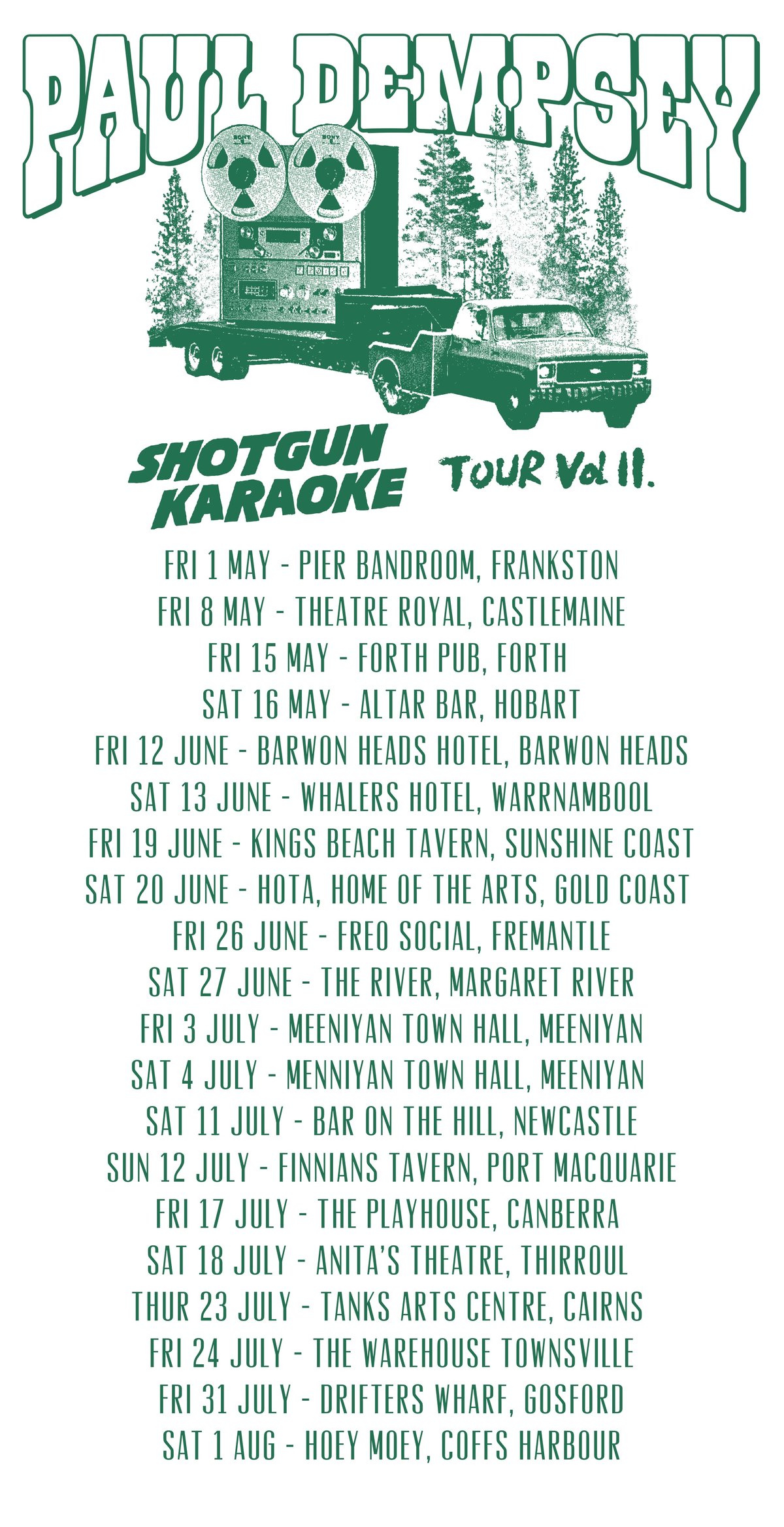 Image of Paul Dempsey Shotgun Karaoke Vol II Tour tee on white
