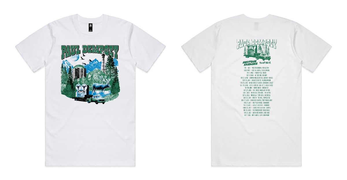 Image of Paul Dempsey Shotgun Karaoke Vol II Tour tee on white