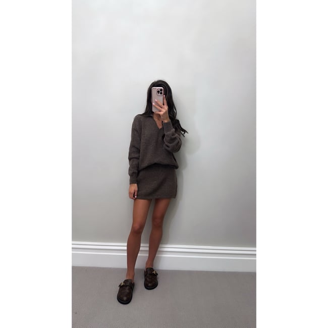 Choclate brown soft knit v neck jumper and skirt 