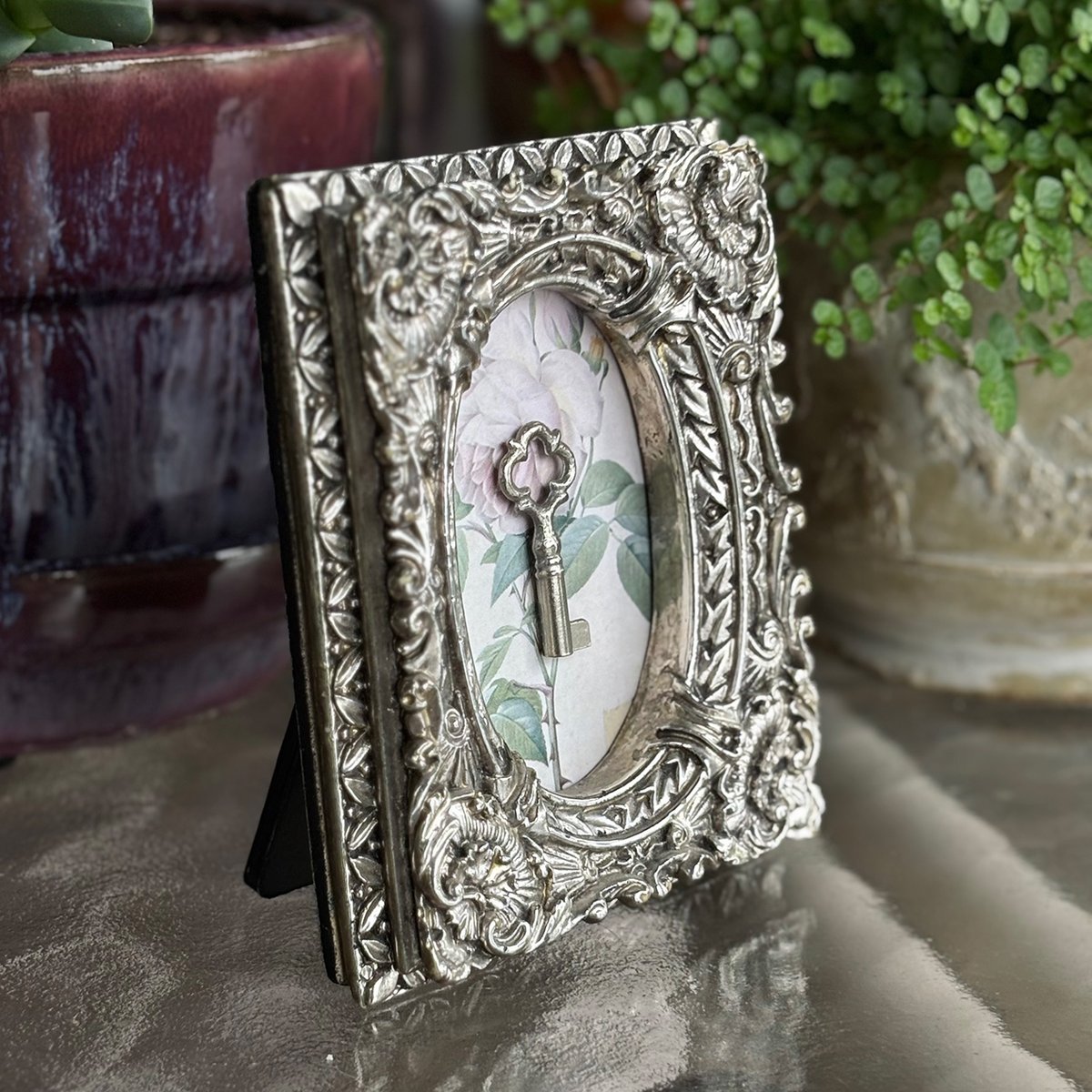 Small Ornate Barrel Key in Vintage Silver Frame