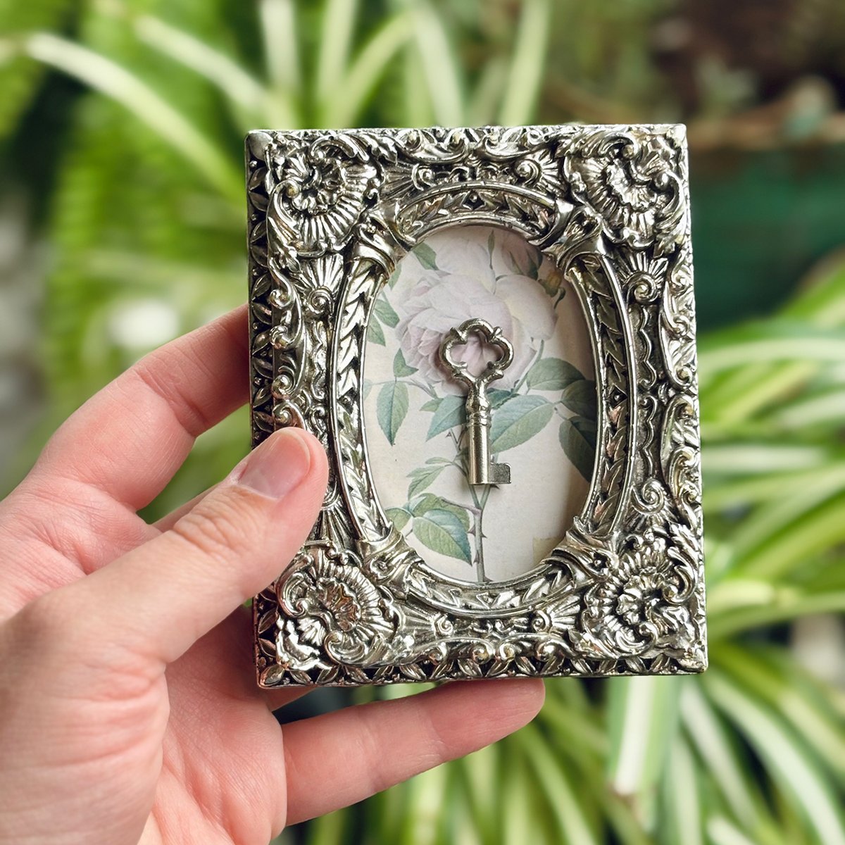 Small Ornate Barrel Key in Vintage Silver Frame