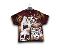 Image 1 of Custom upcycled reworked screen print BU burgundyT shirt - Lauren Hill, black Samurai  