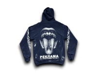 Image 2 of Custom upcycled reworked screen print navy blue zip up hoodie - Evil Monroe, Skull, 