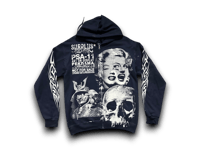 Image 1 of Custom upcycled reworked screen print navy blue zip up hoodie - Evil Monroe, Skull, 