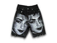 Image 1 of Custom upcycled reworked screen print black denim jorts - Sade Adu