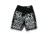 Image 2 of Custom upcycled reworked screen print black denim jorts - Sade Adu