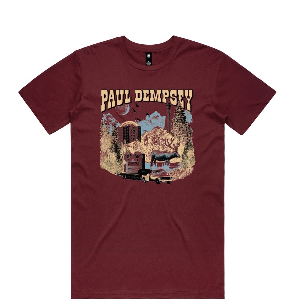 Image of Copy of Paul Dempsey Shotgun Karaoke Vol II Tour tee on burgundy