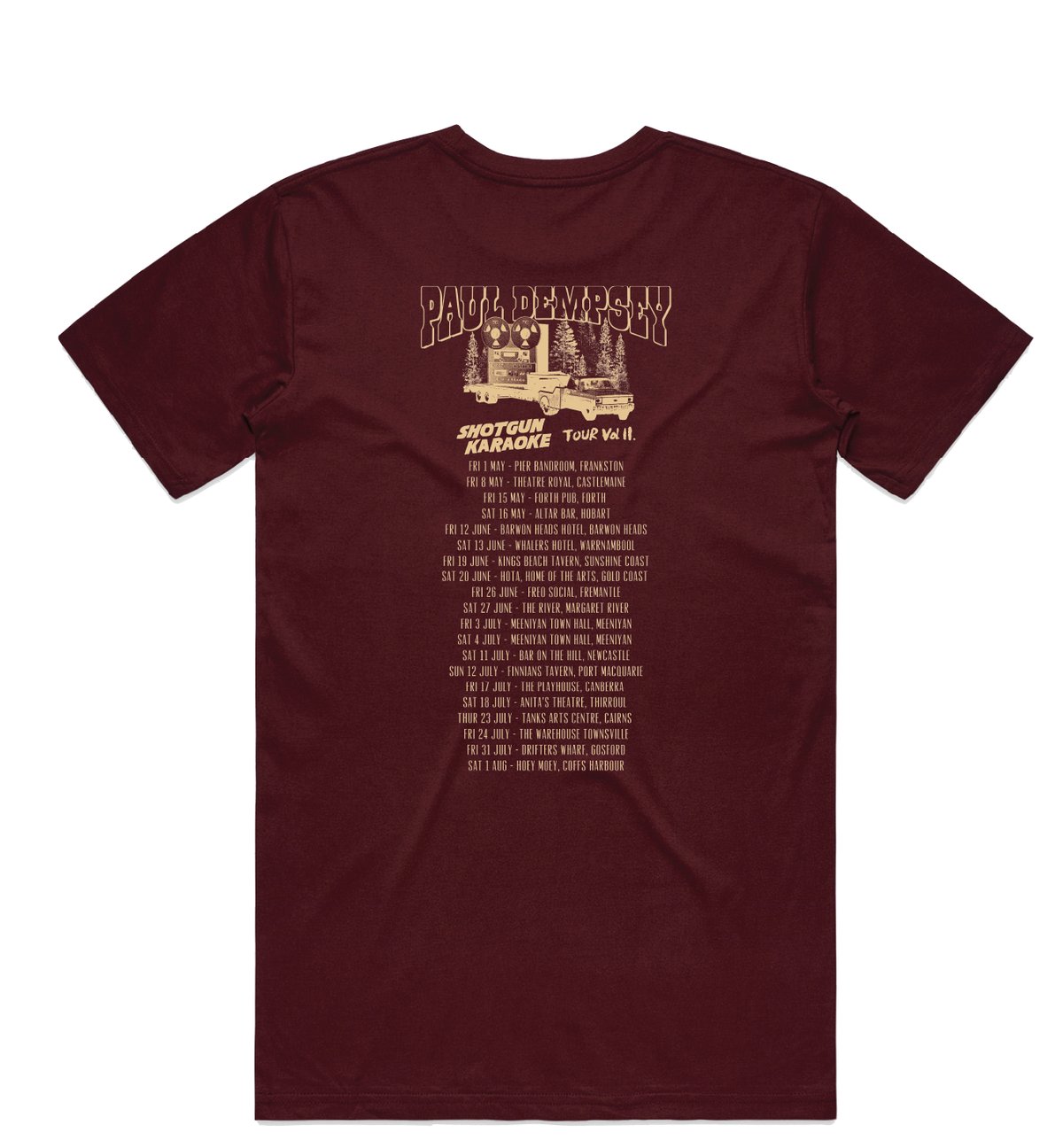 Image of Copy of Paul Dempsey Shotgun Karaoke Vol II Tour tee on burgundy