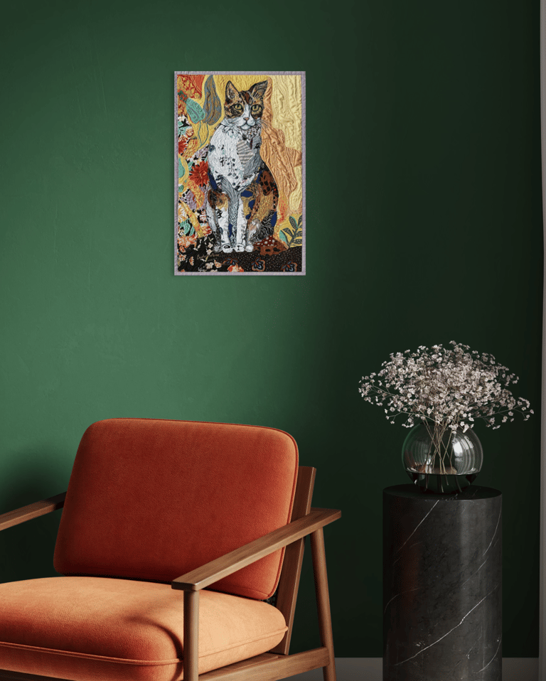 An Important Character – Original Cat Art Quilt, Colorful Pet Portrait, 58.5x37.5cm Image 11