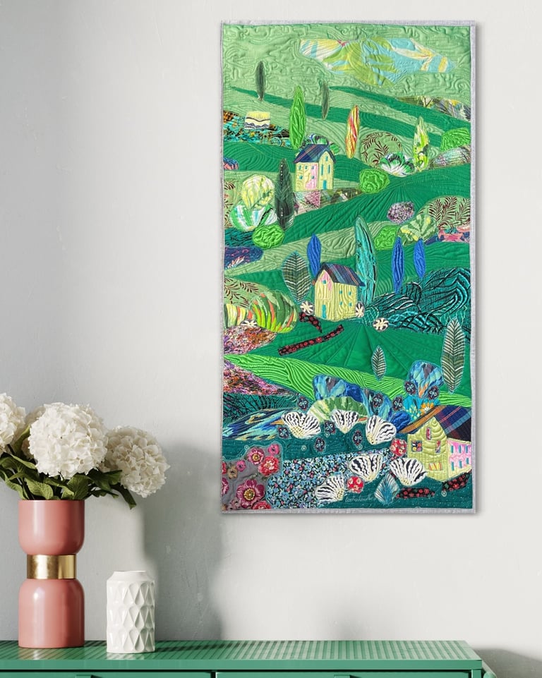 Large art quilt -'On the Emerald Meadows' - Interior Unique Decor Masterpiece, 85x44cm