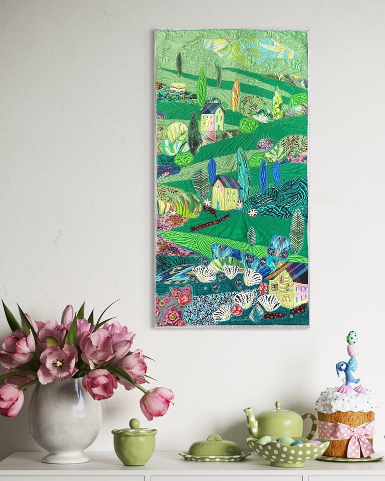 Large art quilt -'On the Emerald Meadows' - Interior Unique Decor Masterpiece, 85x44cm Image 6