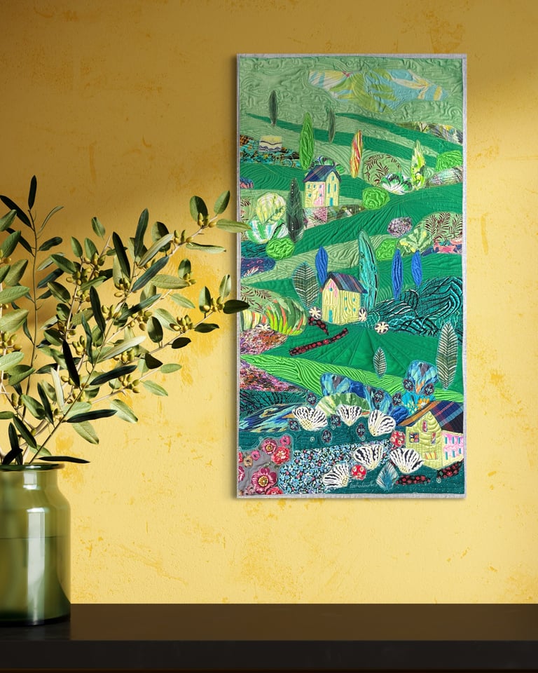 Large art quilt -'On the Emerald Meadows' - Interior Unique Decor Masterpiece, 85x44cm Image 3