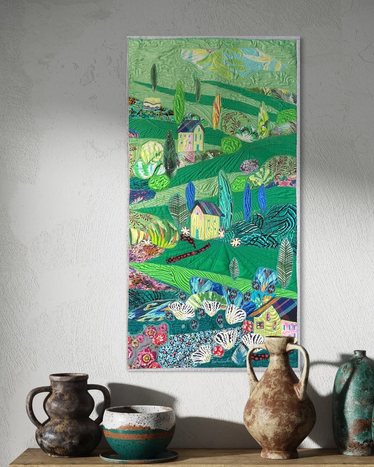 Large art quilt -'On the Emerald Meadows' - Interior Unique Decor Masterpiece, 85x44cm Image 12
