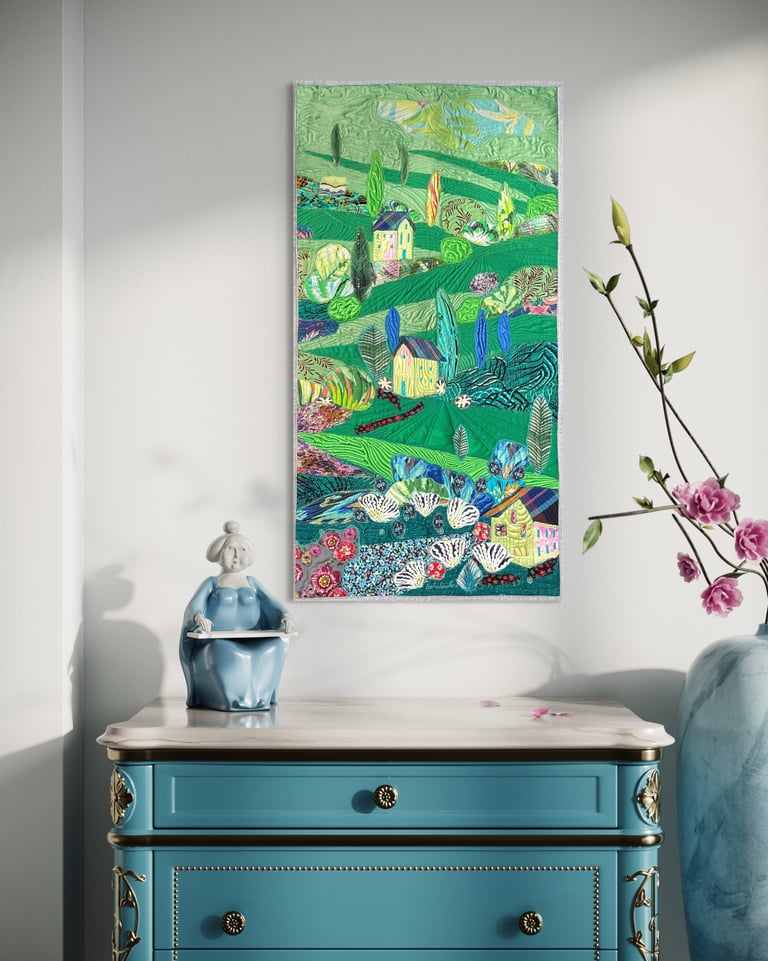 Large art quilt -'On the Emerald Meadows' - Interior Unique Decor Masterpiece, 85x44cm Image 9