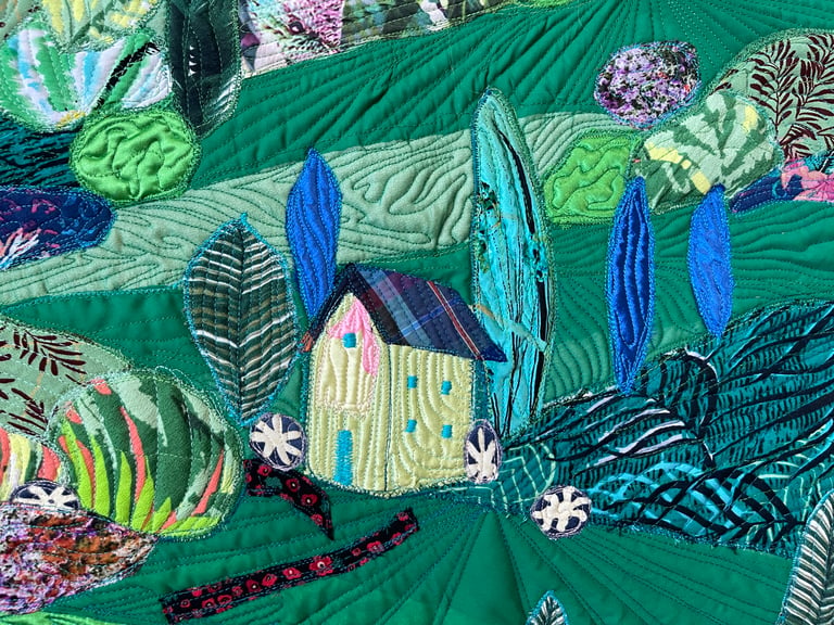 Large art quilt -'On the Emerald Meadows' - Interior Unique Decor Masterpiece, 85x44cm Image 2