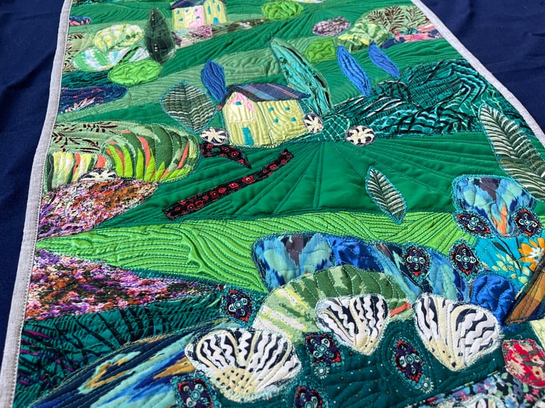 Large art quilt -'On the Emerald Meadows' - Interior Unique Decor Masterpiece, 85x44cm Image 10