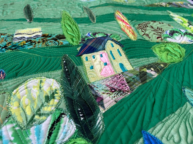 Large art quilt -'On the Emerald Meadows' - Interior Unique Decor Masterpiece, 85x44cm Image 11
