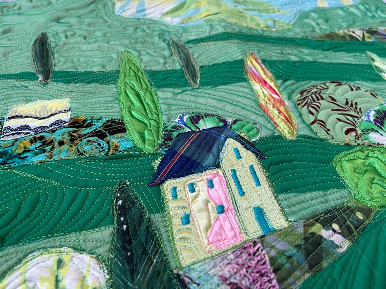 Large art quilt -'On the Emerald Meadows' - Interior Unique Decor Masterpiece, 85x44cm Image 13
