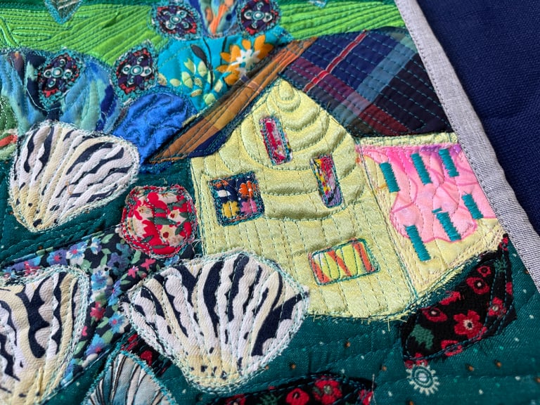 Large art quilt -'On the Emerald Meadows' - Interior Unique Decor Masterpiece, 85x44cm Image 4
