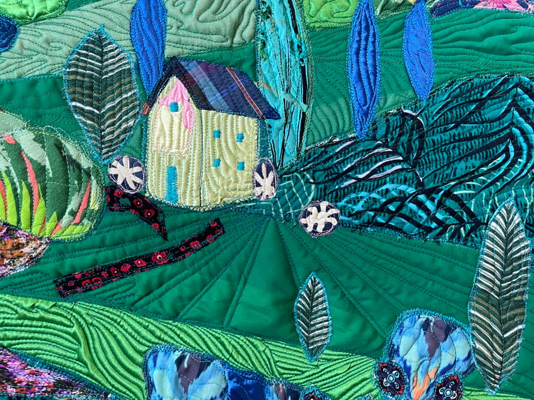 Large art quilt -'On the Emerald Meadows' - Interior Unique Decor Masterpiece, 85x44cm Image 14