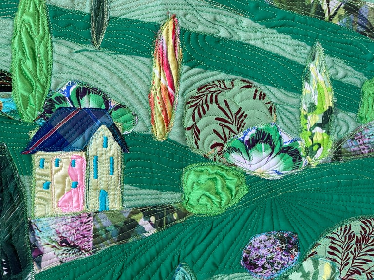 Large art quilt -'On the Emerald Meadows' - Interior Unique Decor Masterpiece, 85x44cm Image 15