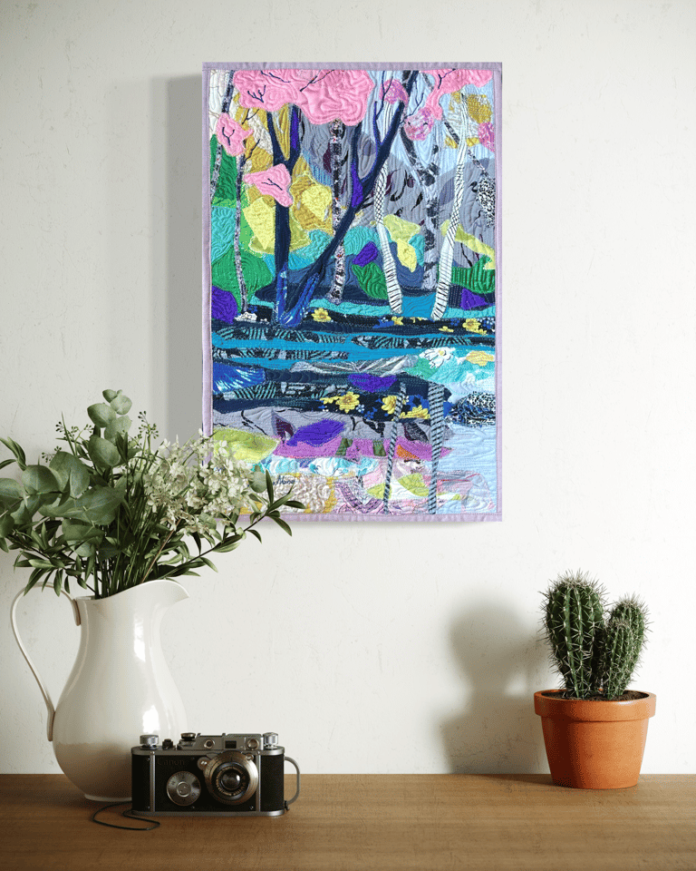 The Wet Garden - Original Textile Landscape Art Quilt, Woodland Wall Art, 52x34cm