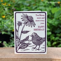 Image 1 of Greeting Card: "You bloom more and more..." with coneflower and finch
