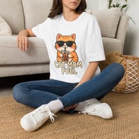Image 2 of Cat Mom Fuel T-Shirt — Cute Sunglasses Cat Drinking Coffee