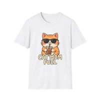 Image 3 of Cat Mom Fuel T-Shirt — Cute Sunglasses Cat Drinking Coffee