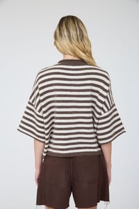 Image 3 of Stripe Raw Edge Short Sleeve Button Down Cardigan