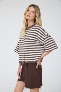 Image 2 of Stripe Raw Edge Short Sleeve Button Down Cardigan