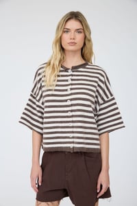 Image 1 of Stripe Raw Edge Short Sleeve Button Down Cardigan