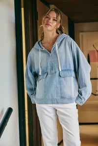 Image 1 of Ocean Breeze Mineral-washed Denim Half-zip Hoodie Pullover